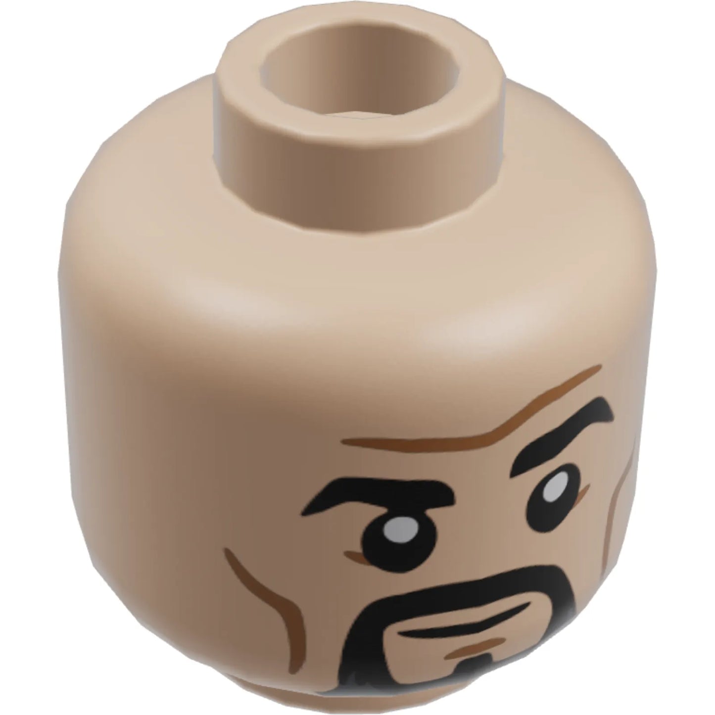 Part 3626cpb2890 - Minifigure, Head Dual Sided Black Eyebrows and Goatee, Medium Nougat Cheek Lines and Chin Dimple, Furrowed Brow, Grin / Frown Pattern - Hollow Stud