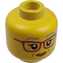 Part 3626cpb2933 - Minifigure, Head Dual Sided Female Light Bluish Gray Eyebrows, Black Eyelashes, Magenta Glasses, Nougat Lips and Dimples, Grin, Open Eyes / Closed Eyes Pattern - Hollow Stud