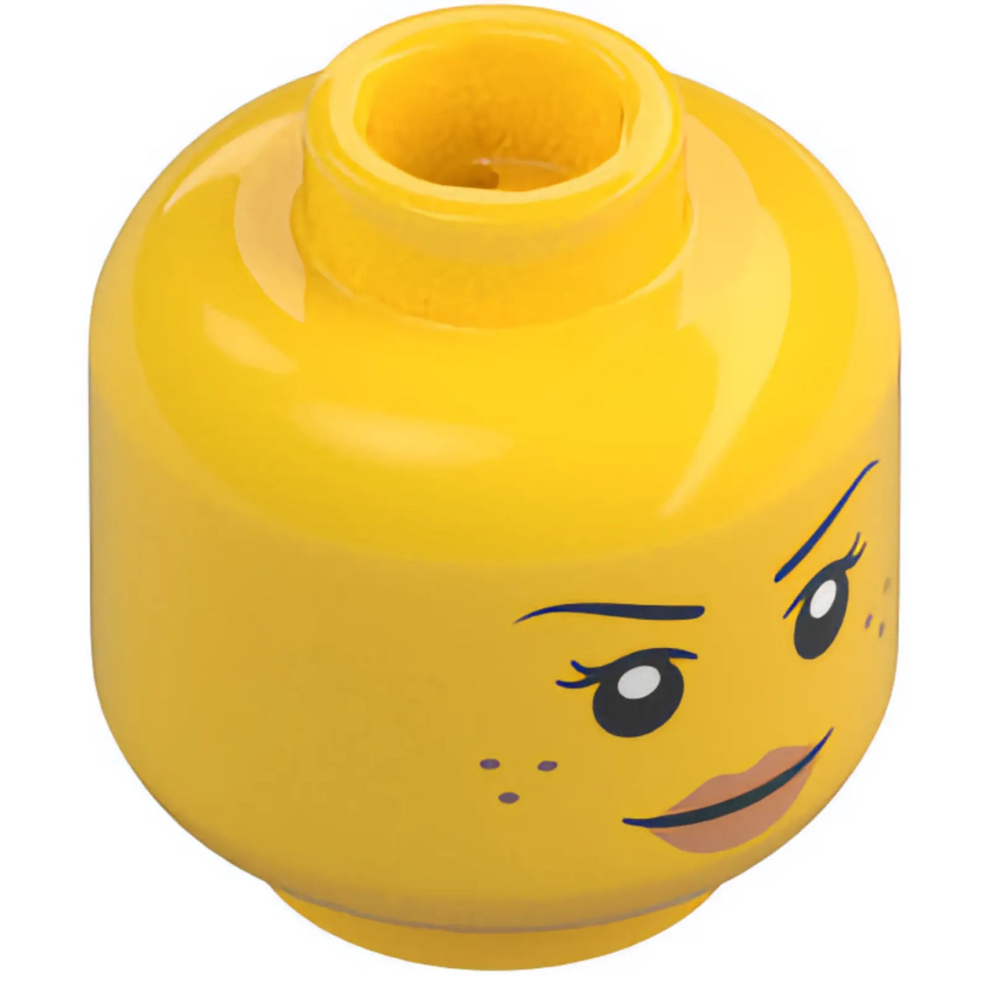 Part 3626pb2662 - Minifigure, Head Dual Sided Female Black Eyebrows, Freckles, Eyelashes, Nougat Lips, Smile / Open Mouth Smile with Top Teeth and Tongue Pattern - Hollow Stud