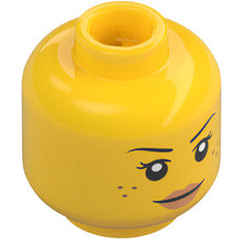 Part 3626pb2662 - Minifigure, Head Dual Sided Female Black Eyebrows, Freckles, Eyelashes, Nougat Lips, Smile / Open Mouth Smile with Top Teeth and Tongue Pattern - Hollow Stud