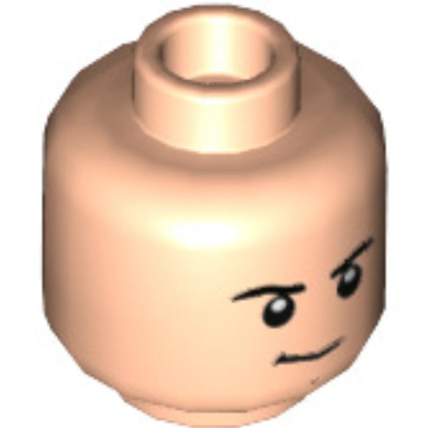 Part 3626pb3013 - Minifigure, Head Dual Sided Black Eyebrows, Medium Nougat Chin Dimple, Firm / Smile with Teeth and Raised Left Eyebrow Pattern - Hollow Stud
