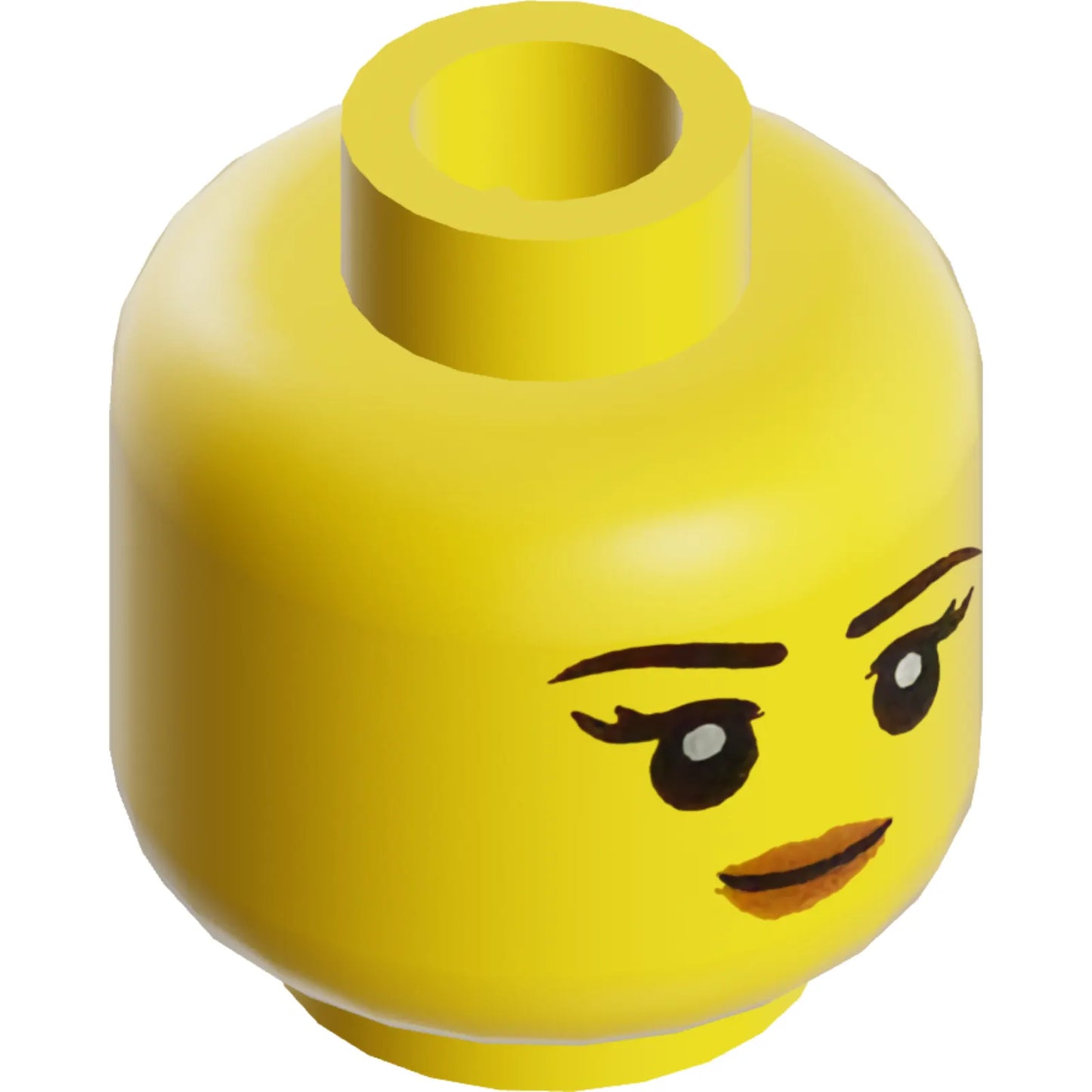 Part 3626pb3085 - Minifigure, Head Dual Sided Female, Black Eyebrows, Peach Nougat Lips, Grin / Roaring Pattern - Hollow Stud