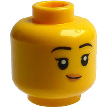 Part 3626pb3086 - Minifigure, Head Dual Sided Child Female Black Eyebrows, Peach Lips, Lopsided Grin / Open Smile with Teeth Pattern - Hollow Stud