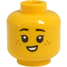 Part 3626pb3095 - Minifigure, Head Dual Sided Child Female Black Eyebrows, Medium Nougat Freckles, Lopside Grin / Small Smile with Teeth Pattern - Hollow Stud