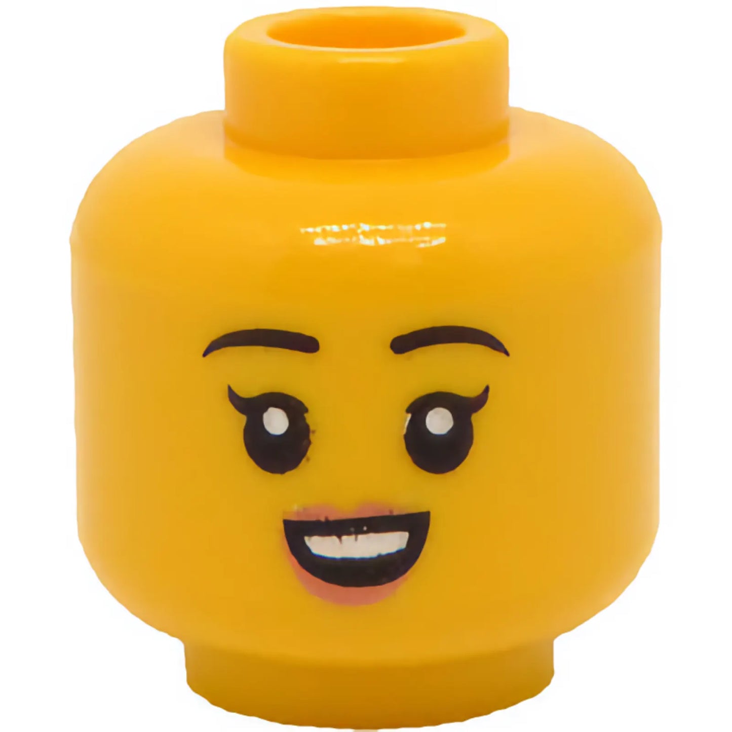 Part 3626pb3096 - Minifigure, Head Dual Sided Female, Black Eyebrows, Peach Lips, Small Smile with Teeth / Stressed Pattern - Hollow Stud