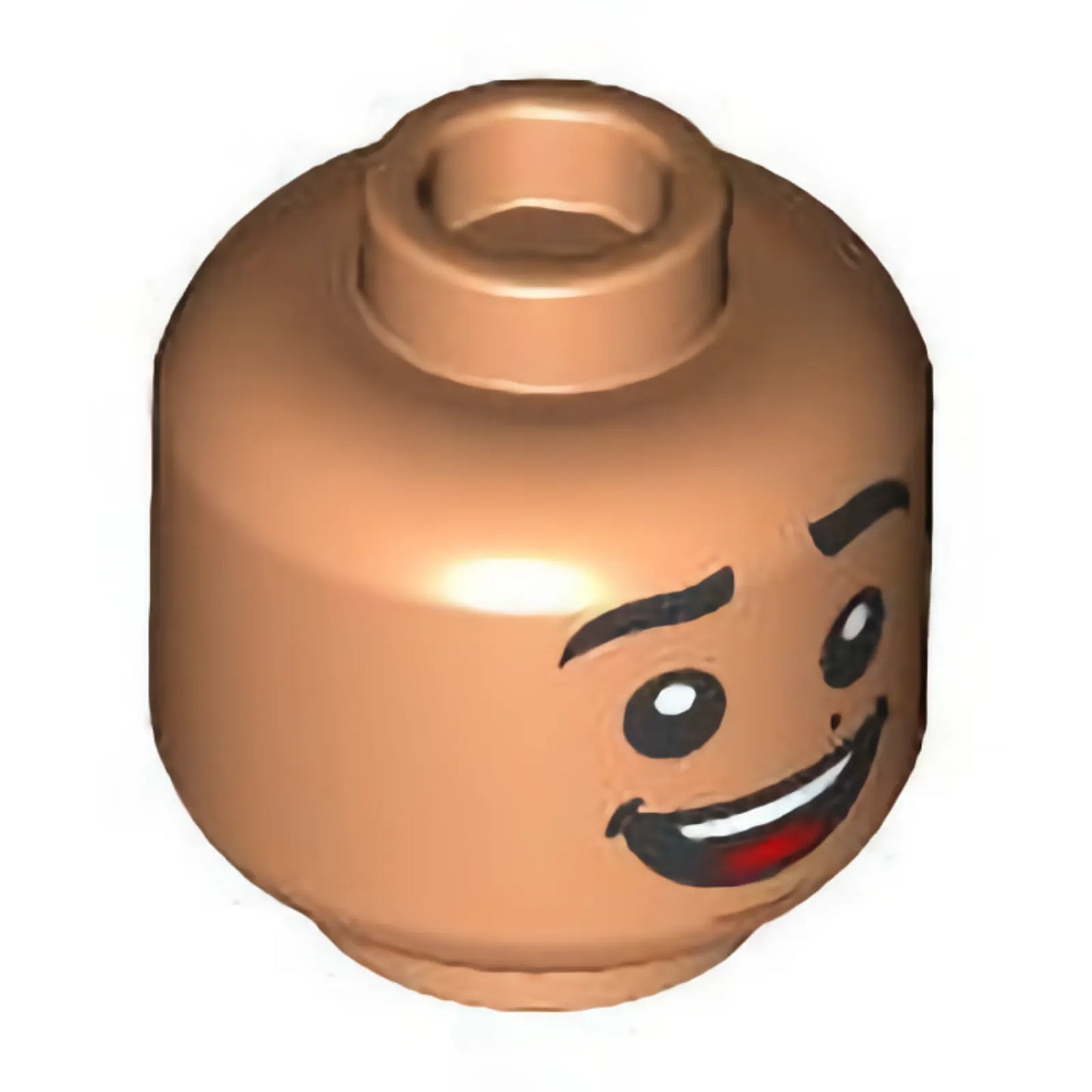 Part 3626pb3290 - Minifigure, Head Dual Sided Black Eyebrows, Reddish Brown Dimples and Beauty Mark, Wide Lopsided Grin / Open Mouth Smile Pattern - Hollow Stud
