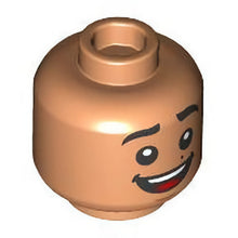 Part 3626pb3290 - Minifigure, Head Dual Sided Black Eyebrows, Reddish Brown Dimples and Beauty Mark, Wide Lopsided Grin / Open Mouth Smile Pattern - Hollow Stud