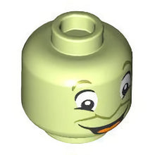 Part 3626pb3291 - Minifigure, Head Alien Olive Green Eyebrows and Nose Outline, Large White Eyes, Open Mouth Smile with Orange Tongue Pattern - Hollow Stud