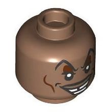 Part 3626pb3292 - Minifigure, Head Black Raised Eyebrows and Moustache, Reddish Brown Eye Shadow and Cheek Lines, Crooked Open Mouth Smile Pattern - Hollow Stud