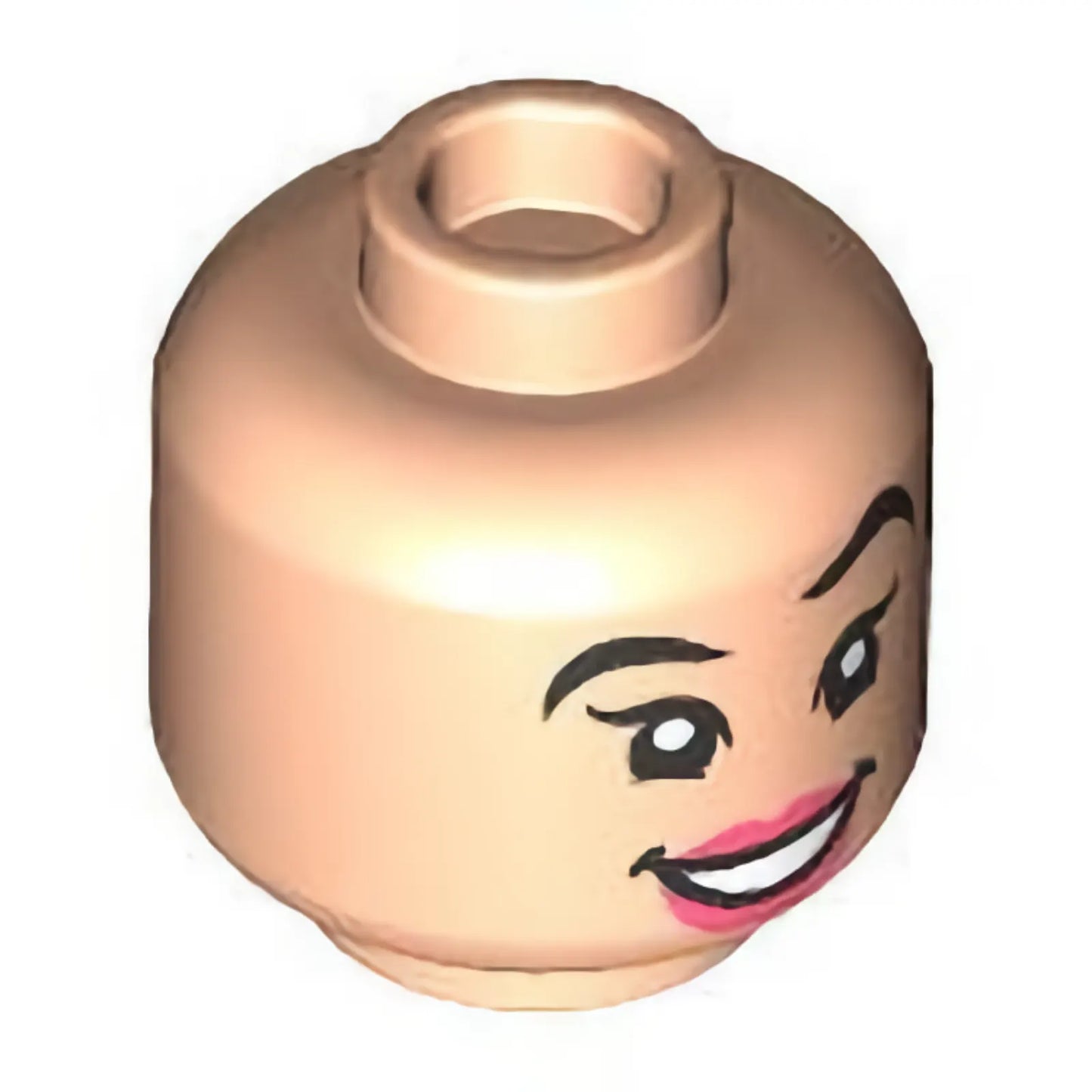 Part 3626pb3297 - Minifigure, Head Dual Sided Female Black Eyebrows, Left Raised, Coral Lips, Open Mouth Smile / Angry Pattern - Hollow Stud