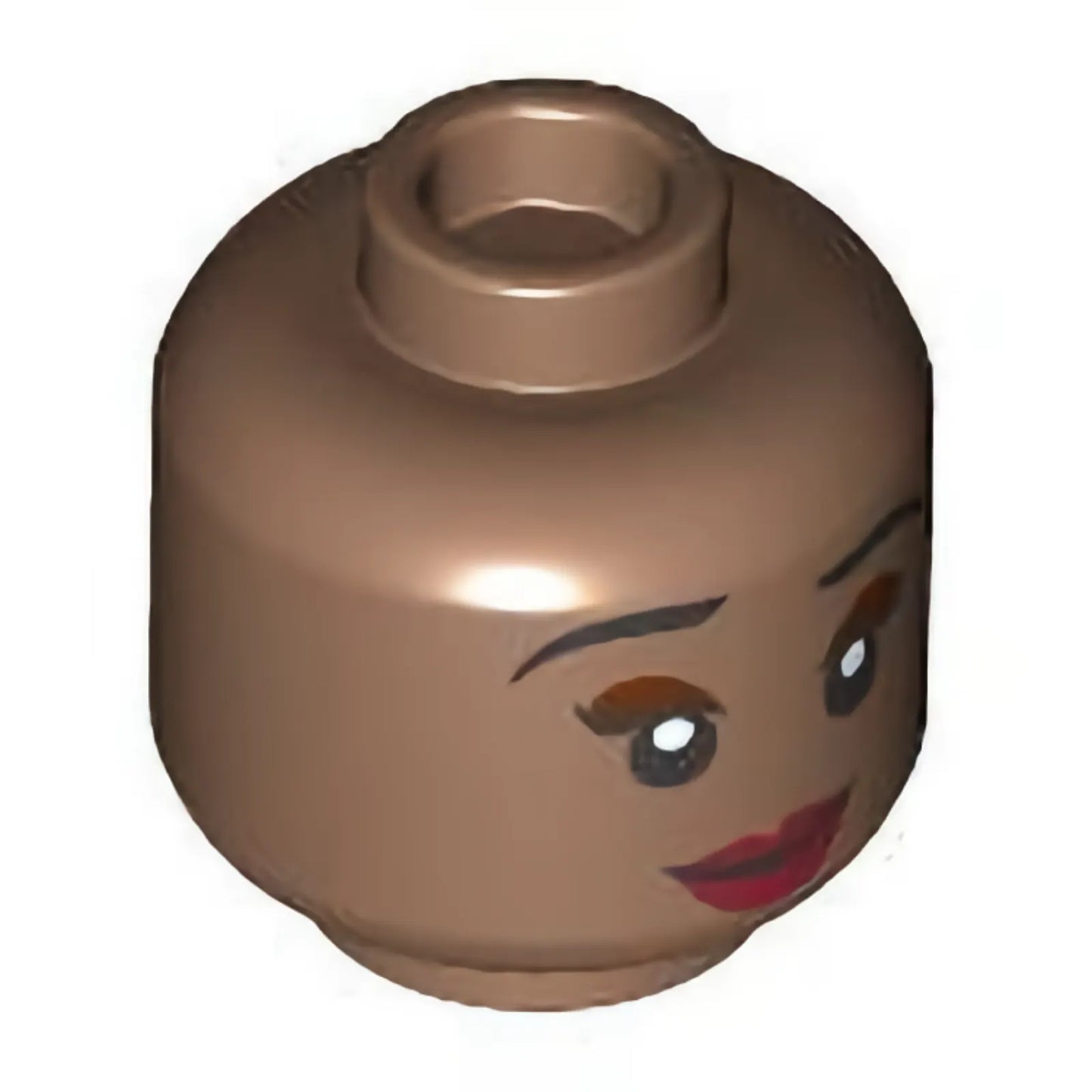 Part 3626pb3298 - Minifigure, Head Dual Sided Female Black Eyebrows, Reddish Brown Eye Shadow, Dark Red Lips, Open Mouth Smile / Closed Mouth Smile Pattern - Hollow Stud