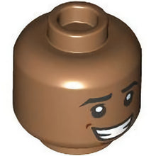 Part 3626pb3420 - Minifigure, Head Dual Sided Black Eyebrows, Reddish Brown Dimples, Lopsided Open Mouth Smile with Teeth / Laughing with Dark Red Tongue Pattern - Vented Stud