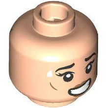 Part 3626pb3575 - Minifigure, Head Dual Sided Female Black Eyebrows, Medium Nougat Lips, Open Mouth with Teeth, Grin / Frown, Lime Eyes, Bright Green Mask, White Lightning Bolts Pattern - Vented Stud