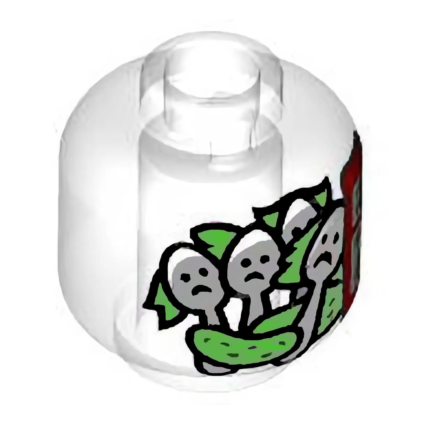 Part 3626pb3820 - Minifigure, Head without Face with Red and White Label, Bright Green Pickles and Silver Spoons with Frowning Faces Pattern (Lilo & Stitch Pickle Jar)