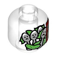Part 3626pb3820 - Minifigure, Head without Face with Red and White Label, Bright Green Pickles and Silver Spoons with Frowning Faces Pattern (Lilo & Stitch Pickle Jar)