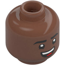 Part 3626pb3858 - Minifigure, Head Dual Sided Black Eyebrows, Reddish Brown Chin Dimple, Open Mouth Smile with Top Teeth and Red Tongue / Worried with Raised Left Eyebrow Pattern