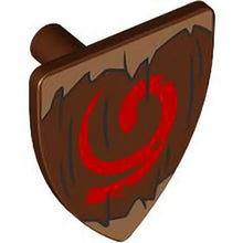 Part 3846pb072 - Minifigure, Shield Triangular  with Black Wood Grain, Medium Nougat Jagged Edges and Red Spiral Pattern (The Legend of Zelda Deku Shield)