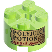 Part 3941pb60 - Brick, Round 2 x 2 with Axle Hole with Tan Label with Black 'POLYJUICE POTION' and Dark Red 'A0045' and Symbol Pattern