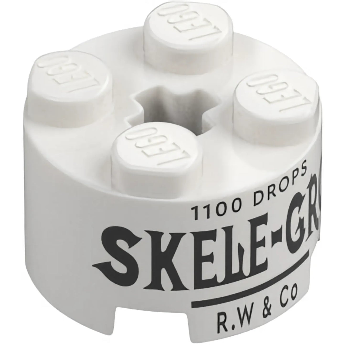 Part 3941pb61 - Brick, Round 2 x 2 with Axle Hole with Black '1100 DROPS', 'SKELE-GRO' and 'R.W & Co' Pattern