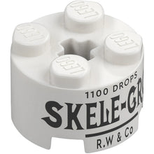 Part 3941pb61 - Brick, Round 2 x 2 with Axle Hole with Black '1100 DROPS', 'SKELE-GRO' and 'R.W & Co' Pattern