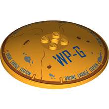Part 3961pb10 - Dish 8 x 8 Inverted (Radar) with Dark Blue 'WP-G' and 'DRONE CHARGE STATION', Dark Orange Rim, Dirt, and Rust Spots Pattern
