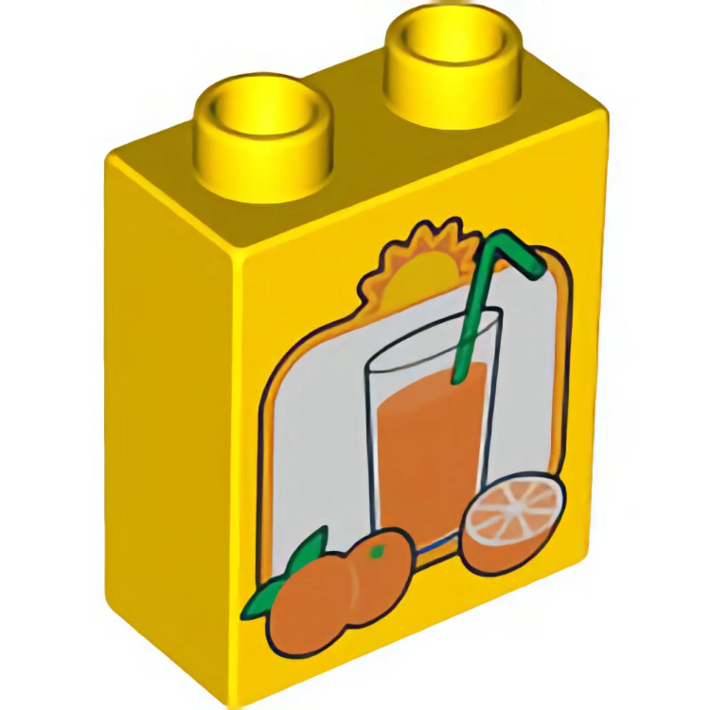 Part 4066pb191 - Duplo, Brick 1 x 2 x 2 with Oranges and Glass of Orange Juice with Green Straw Pattern