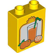 Part 4066pb191 - Duplo, Brick 1 x 2 x 2 with Oranges and Glass of Orange Juice with Green Straw Pattern