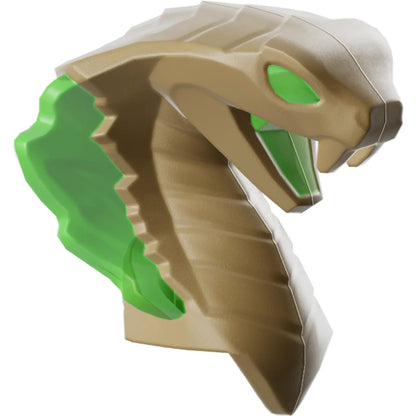 Part 41201pb02 - Minifigure, Head, Modified Snake, Cobra with Open Mouth with Molded Trans-Green Eyes, Tongue, and Flames on Open Hood Pattern