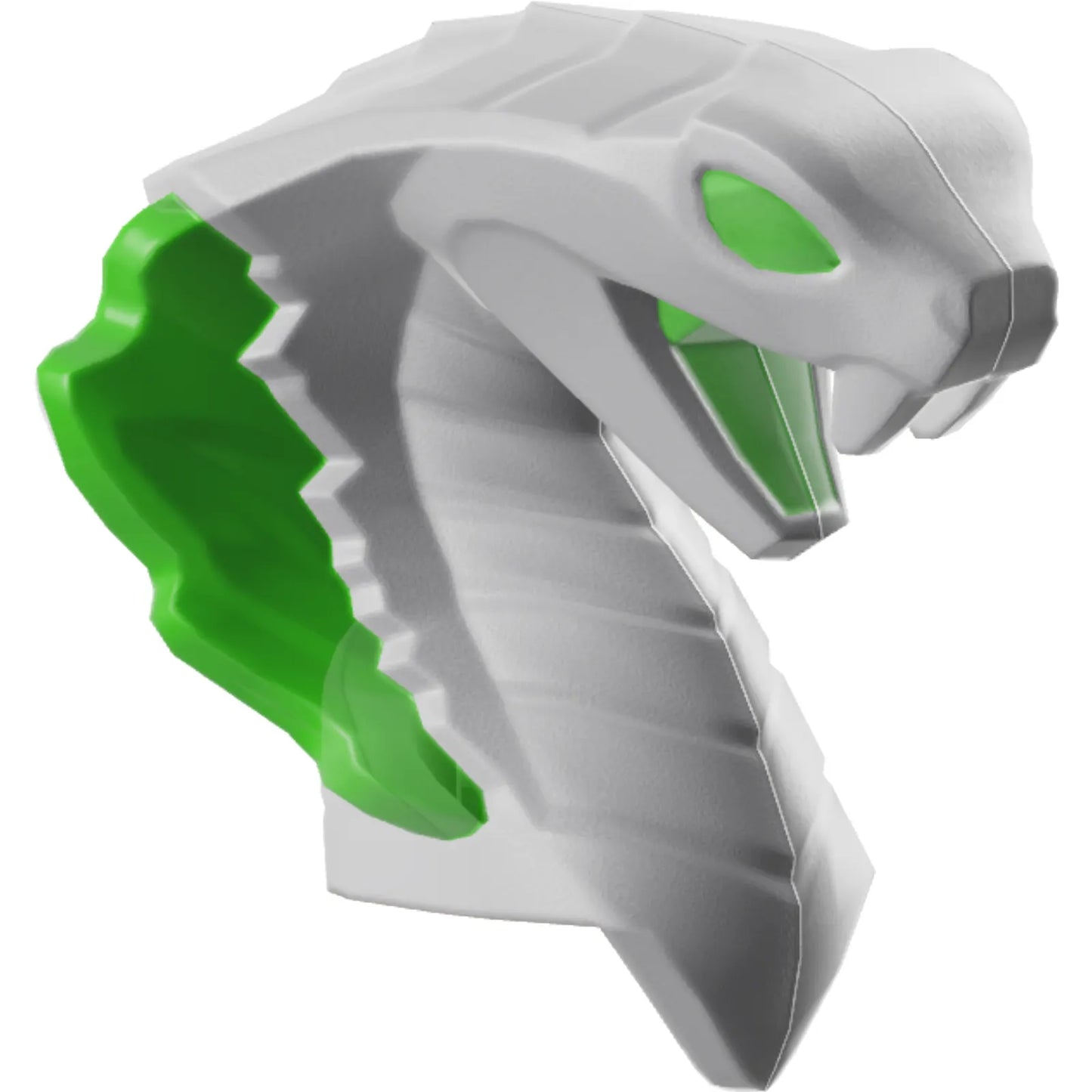 Part 41201pb02 - Minifigure, Head, Modified Snake, Cobra with Open Mouth with Molded Trans-Green Eyes, Tongue, and Flames on Open Hood Pattern