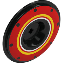 Part 4472pb01 - Wheel Cover Recessed with Axle Hole - 56mm for Wheel 15038 with Dots and White and Yellow Rings on Red Background Pattern