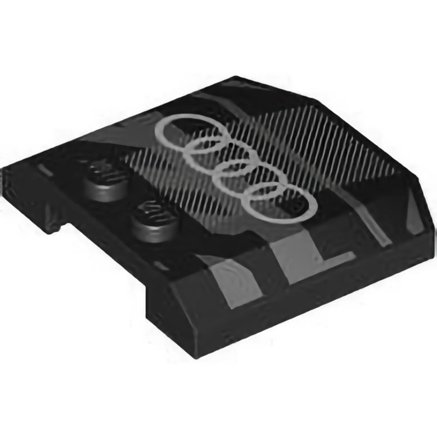 Part 45677pb158 - Wedge 4 x 4 x 2/3 Triple Curved with White Audi Logo on Dark Bluish Gray and Silver Stripes Pattern
