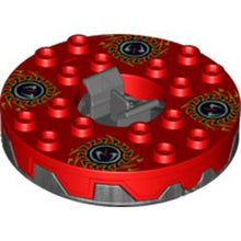 Part bb0549c08pb01 - Turntable 6 x 6 x 1 1/3 Round Base Serrated with Red Top and Red, White, Yellow and Black Fangpyre Pattern (Ninjago Spinner)