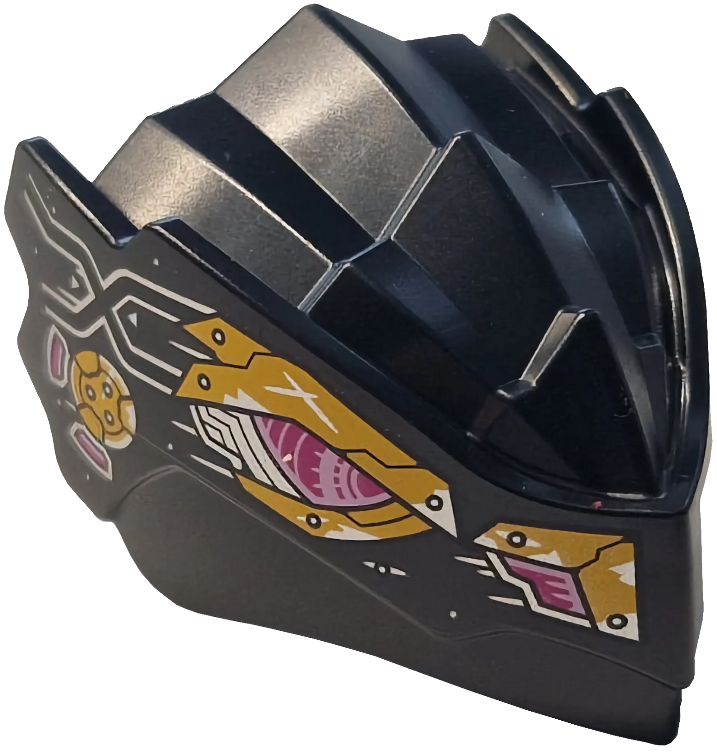 Part 4921pb04 - Dragon Head (Ninjago) with Stepped Top and Pin Hole on Back with Magenta and Bright Pink Mechanical Eyes and Nostrils, Bright Light Orange Worn Armor Plates, Silver Lines and Rivets Pattern