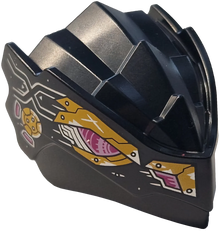 Part 4921pb04 - Dragon Head (Ninjago) with Stepped Top and Pin Hole on Back with Magenta and Bright Pink Mechanical Eyes and Nostrils, Bright Light Orange Worn Armor Plates, Silver Lines and Rivets Pattern