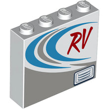 Part 49311pb005 - Brick 1 x 4 x 3 with Red 'RV', Dark Azure and Dark Bluish Gray Curved Stripes Pattern