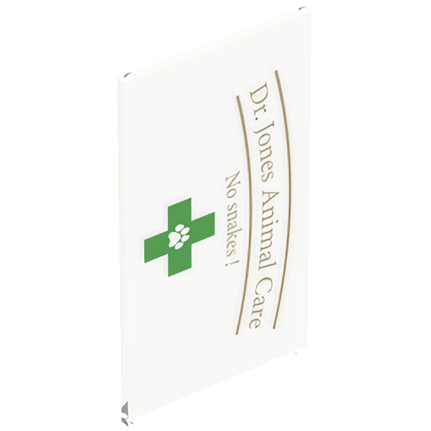 Part 57895pb054 - Glass for Window 1 x 4 x 6 with Gold 'Dr. Jones Animal Care No Snakes!' and Green Cross with Paw Print Pattern