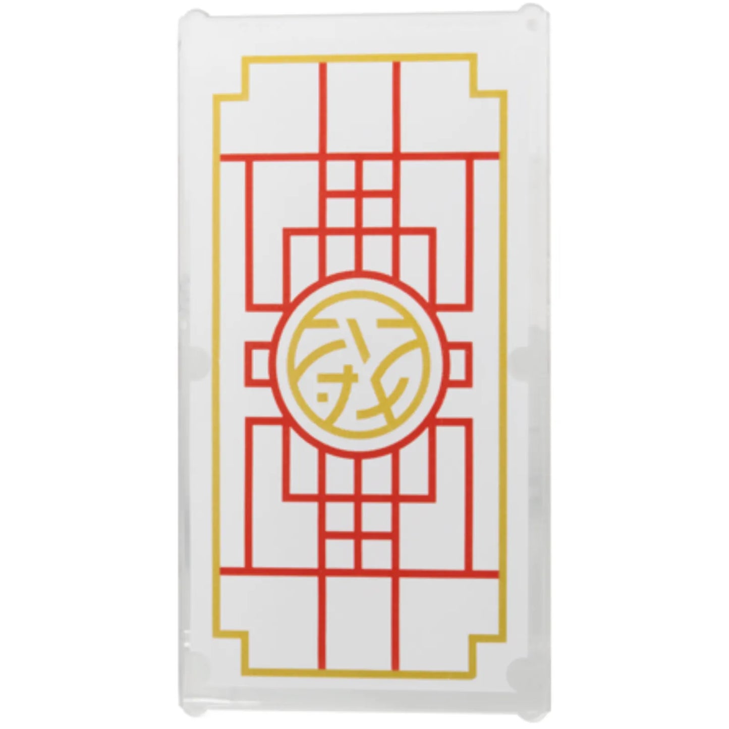 Part 57895pb139 - Glass for Window 1 x 4 x 6 with Red Lines, Gold Border and Ninjago Core Logo on White Background Pattern