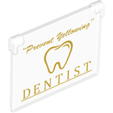 Part 60603pb007 - Glass for Window 1 x 4 x 3 - Opening with Gold and White '"Prevent Yellowing"', 'DENTIST' and Tooth Pattern