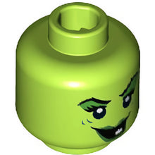 Part 3626cpb1413 - Minifigure, Head Female Green Lips, Eye Shadow, Wart and Wrinkles, Smile with White Tooth Pattern - Hollow Stud