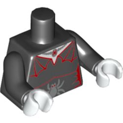 Part 973pb2100c01 - Torso Female Outline with Red Spider Web Trim, Necklace, Silver Spider Pattern / Black Arms / White Hands