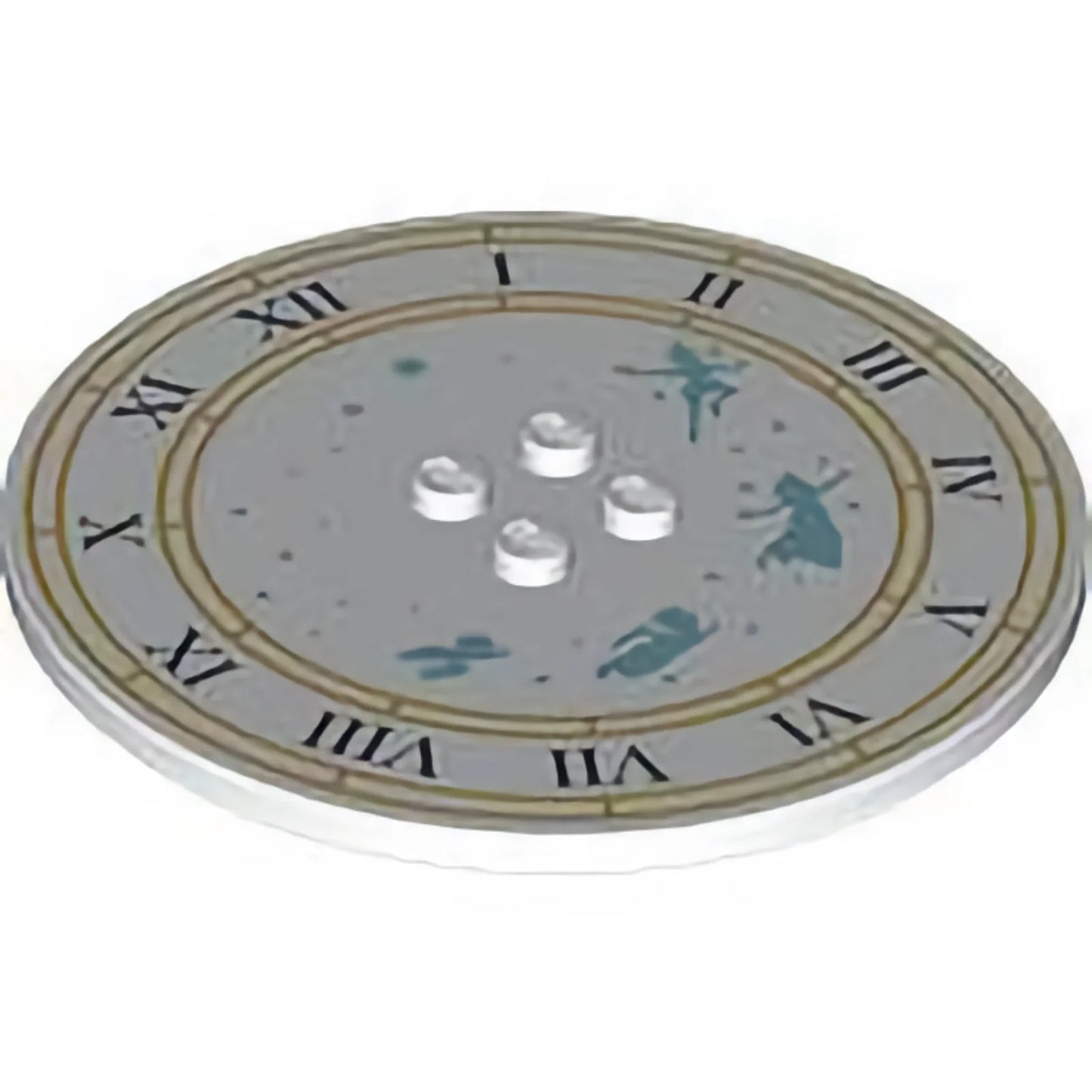 Part 6177pb021 - Tile, Round 8 x 8 with 4 Studs in Center with Clock Face, Gold Circles, Black Roman Numerals, Metallic Light Blue Stars and Peter Pan Characters Pattern