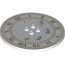 Part 6177pb021 - Tile, Round 8 x 8 with 4 Studs in Center with Clock Face, Gold Circles, Black Roman Numerals, Metallic Light Blue Stars and Peter Pan Characters Pattern