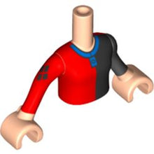 Part FTGpb186c01 - Torso Mini Doll Girl Black and Red Top with Blue Collar Pattern, Black Arm Left and Red Arm Right with Light Nougat Hands