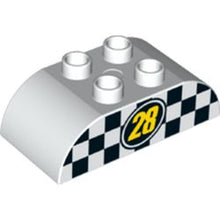 Part 98223pb010 - Duplo, Brick 2 x 4 Slope Curved Double with Yellow '28' on Black Oval with Checkered Background Pattern