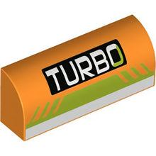 Part 6191pb032 - Slope, Curved 1 x 4 x 1 1/3 with 'TURBO' on Black Rectangle, Lime and White Stripes Pattern