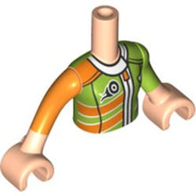 Part FTGpb203c01 - Torso Mini Doll Girl Lime and Orange Racing Jacket Pattern, Light Nougat Arms with Hands with Orange Right Sleeve, Lime Left Sleeve