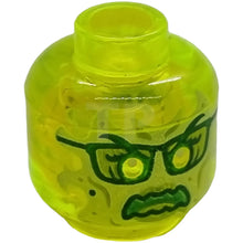 Part 3626cpb2494 - Minifigure, Head Alien Ghost with Yellowish Green Face, Glasses, Angry and Flames in Back Pattern - Hollow Stud