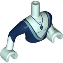 Part FTMpb043c01 - Torso Mini Doll Man Dark Blue Top Deeply Cut and Crystal Necklace Pattern, Light Aqua Arms with Hands with Dark Blue Sleeves