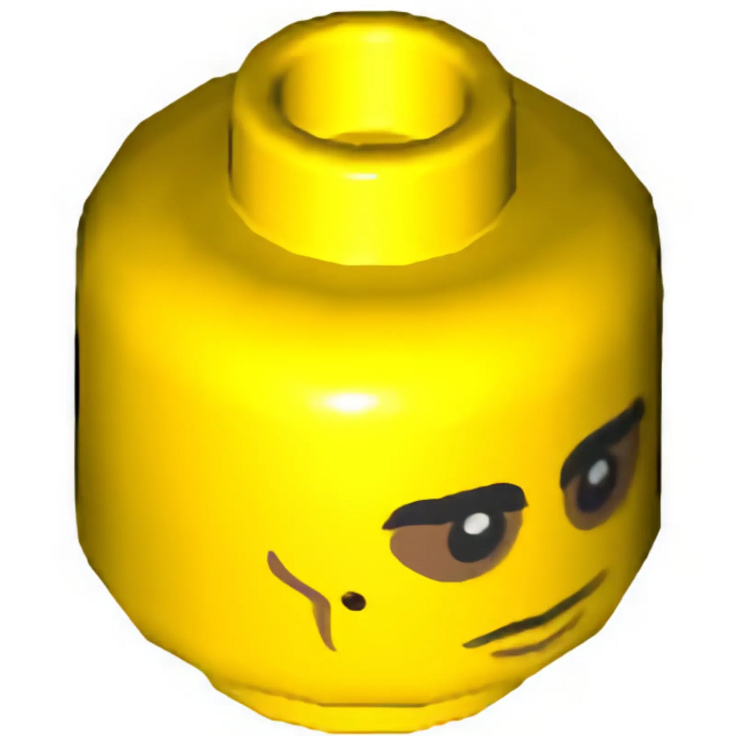 Part 3626cpb2525 - Minifigure, Head Dual Sided Black Eyebrows and Mole, Medium Nougat Cheek Lines, Baggy Eyes / Frown with Black Mask Pattern - Hollow Stud
