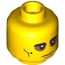 Part 3626cpb2525 - Minifigure, Head Dual Sided Black Eyebrows and Mole, Medium Nougat Cheek Lines, Baggy Eyes / Frown with Black Mask Pattern - Hollow Stud